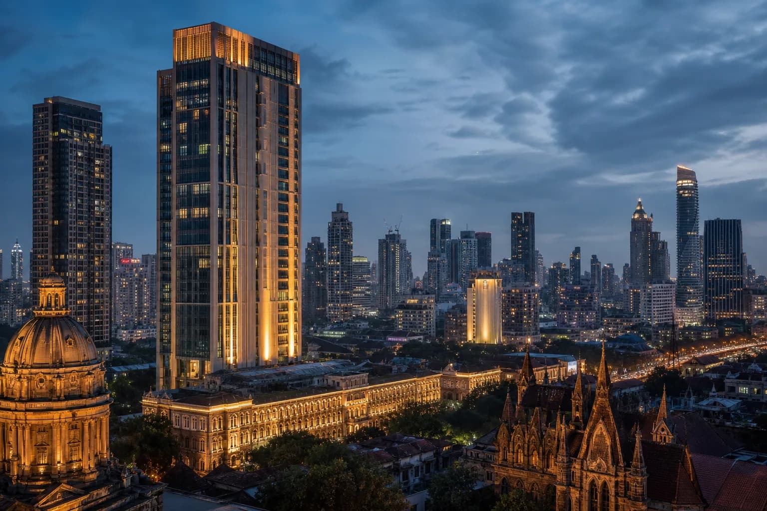 Dusk skyline over Mumbai, India — blue-hour architecture